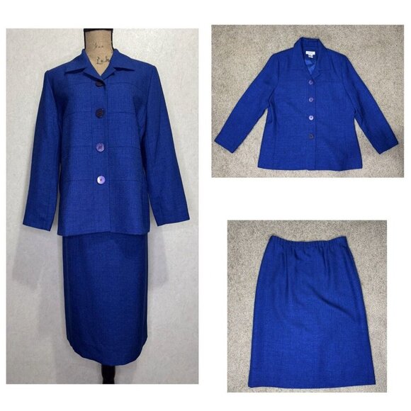 HENRY LEE Vintage Blazer Skirt Suit Set Cobalt Blue Sz Petite 12 Office READ - Picture 1 of 16